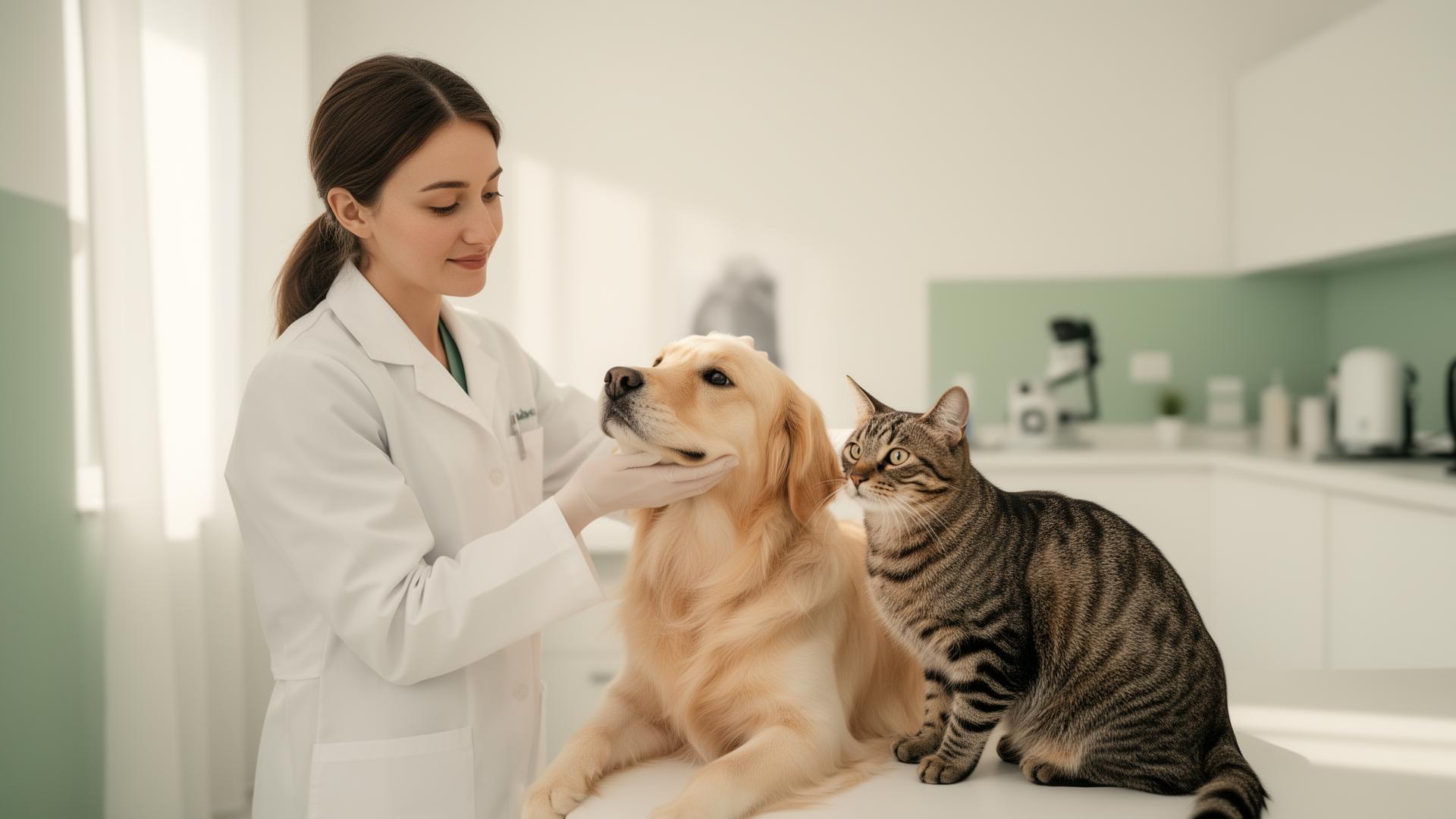 Veterinária cuidando de um cão e gato